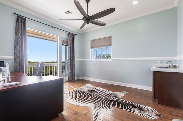 24197 Treasure Island Blvd, Punta Gorda, FL 33955 - office area with a ceiling fan, hardwood / wood-style flooring, ornamental molding, and recessed lighting