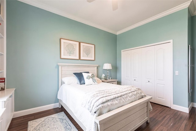 24197 Treasure Island Blvd, Punta Gorda, FL 33955 - bedroom featuring crown molding, dark wood finished floors, a closet, and a ceiling fan