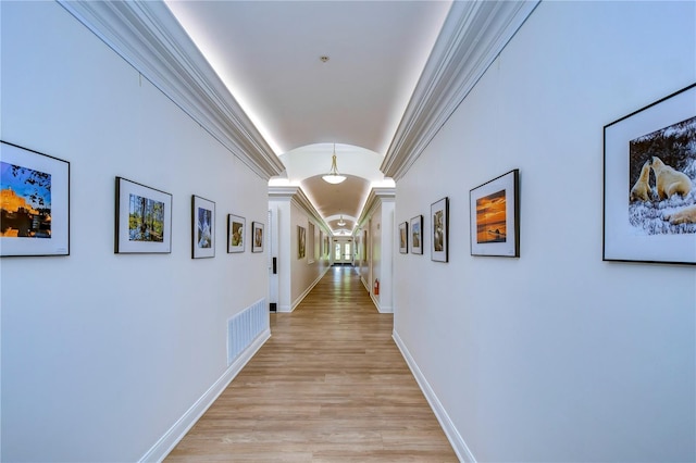 1210 Wolford Dr, Trinity, FL 34655 - hall featuring lofted ceiling, light wood-type flooring, baseboards, and crown molding