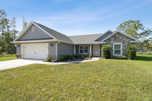 13227 Quigley Ave, Weeki Wachee, FL 34614 - craftsman house with stone siding, a garage, a front lawn, and driveway