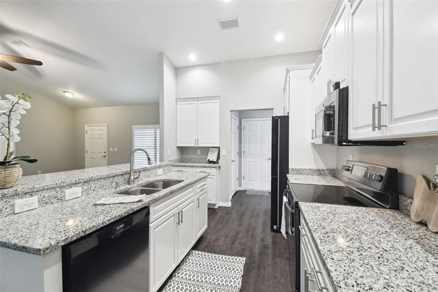 13227 Quigley Ave, Weeki Wachee, FL 34614 - kitchen featuring black appliances, a sink, a ceiling fan, white cabinetry, and recessed lighting