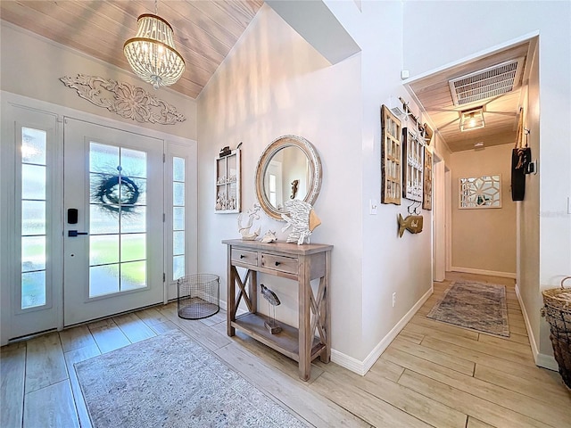 1445 Stonehenge Way, Palm Harbor, FL 34683 - foyer entrance featuring wood finished floors, a chandelier, wood ceiling, and baseboards