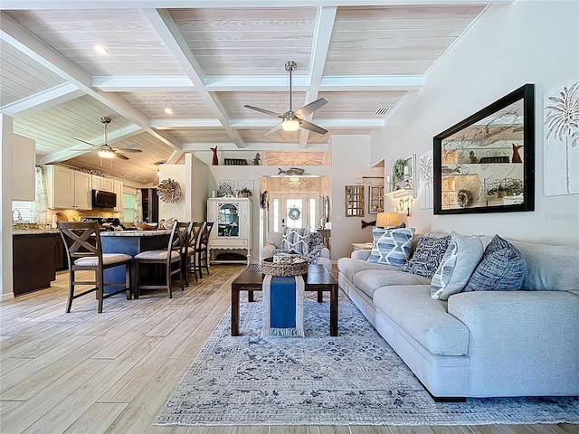 1445 Stonehenge Way, Palm Harbor, FL 34683 - living room featuring a ceiling fan, light wood-type flooring, and beam ceiling