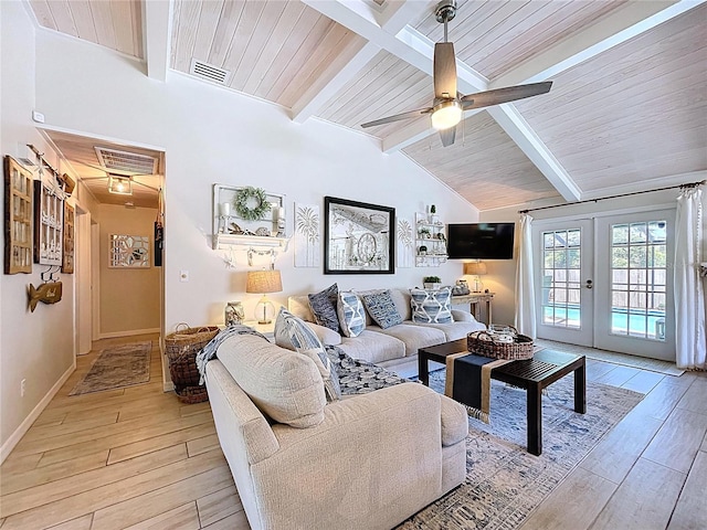 1445 Stonehenge Way, Palm Harbor, FL 34683 - living area with light wood-type flooring, a ceiling fan, baseboards, french doors, and wooden ceiling
