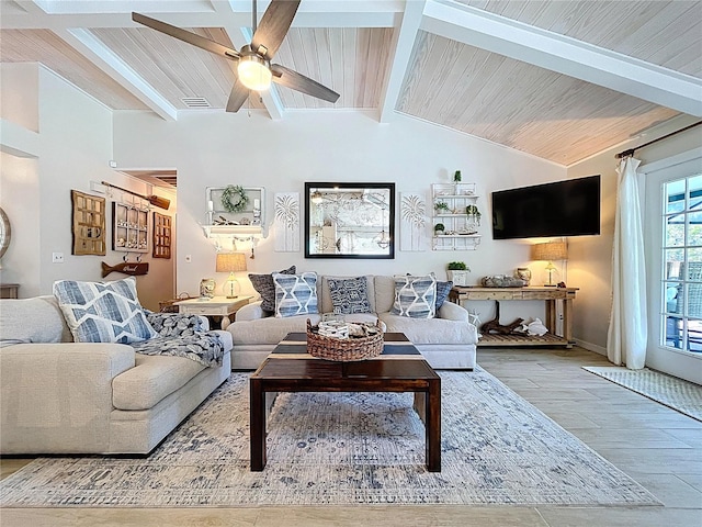 1445 Stonehenge Way, Palm Harbor, FL 34683 - living area featuring a ceiling fan, wood finished floors, and wooden ceiling