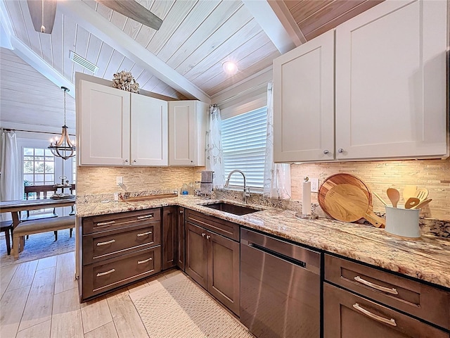 1445 Stonehenge Way, Palm Harbor, FL 34683 - kitchen featuring dishwasher, a sink, white cabinetry, light stone counters, and wooden ceiling