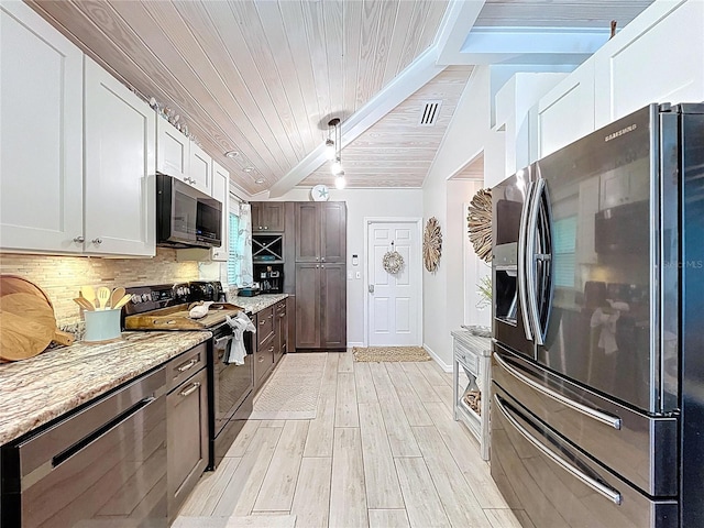 1445 Stonehenge Way, Palm Harbor, FL 34683 - kitchen featuring stainless steel appliances, decorative backsplash, wood ceiling, light wood finished floors, and light stone counters
