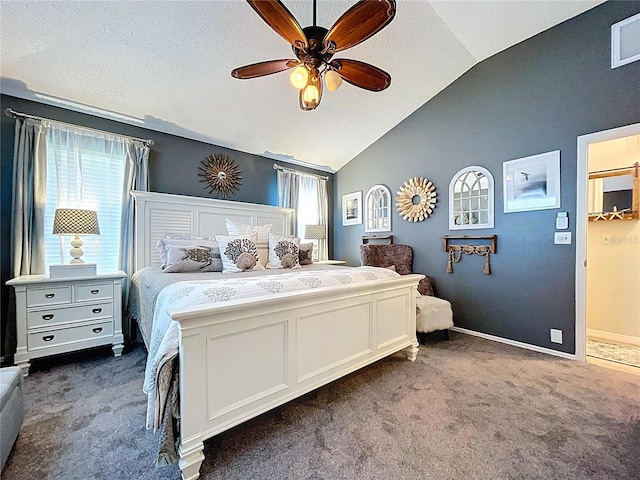1445 Stonehenge Way, Palm Harbor, FL 34683 - carpeted bedroom with vaulted ceiling, a ceiling fan, baseboards, and a textured ceiling