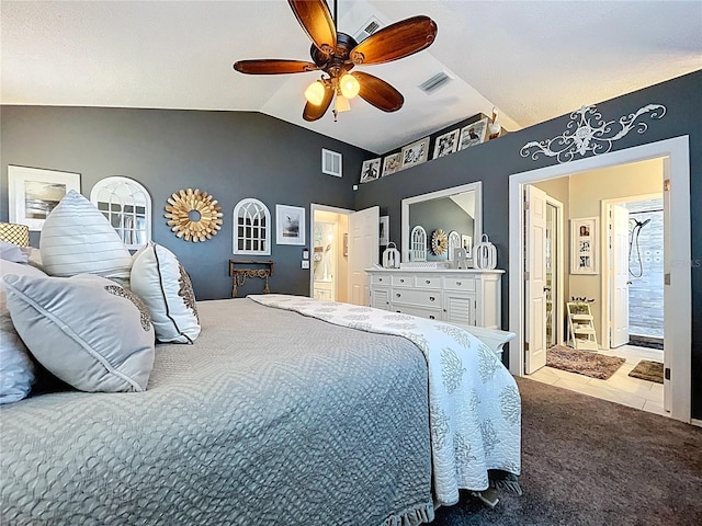 1445 Stonehenge Way, Palm Harbor, FL 34683 - bedroom featuring vaulted ceiling, carpet floors, ceiling fan, and tile patterned floors