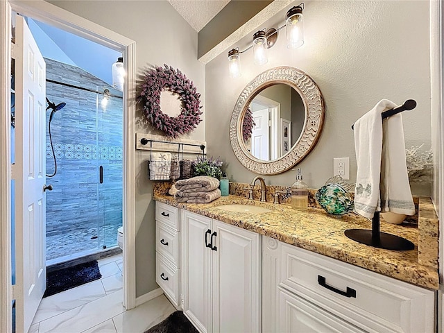 1445 Stonehenge Way, Palm Harbor, FL 34683 - full bathroom with vanity, marble finish floors, a stall shower, and toilet