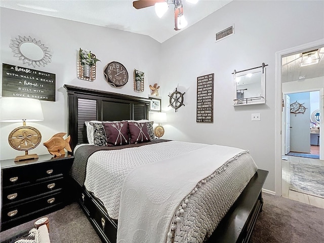 1445 Stonehenge Way, Palm Harbor, FL 34683 - bedroom featuring carpet, lofted ceiling, a ceiling fan, and baseboards