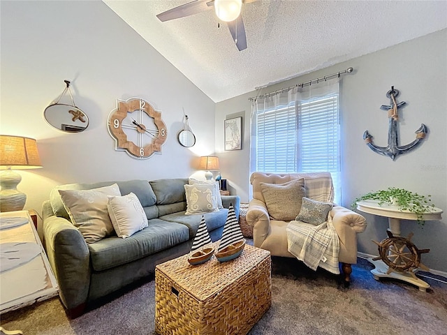 1445 Stonehenge Way, Palm Harbor, FL 34683 - living room with carpet, a ceiling fan, a textured ceiling, and lofted ceiling