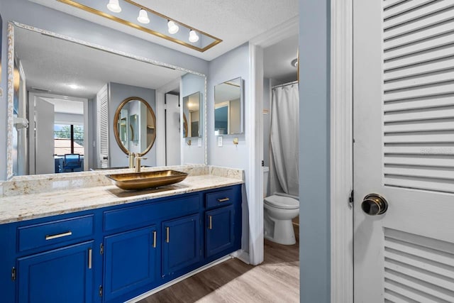 609 Lively Dr Unit B, Sun City Center, FL 33573 - bathroom featuring a textured ceiling, wood finished floors, vanity, and toilet