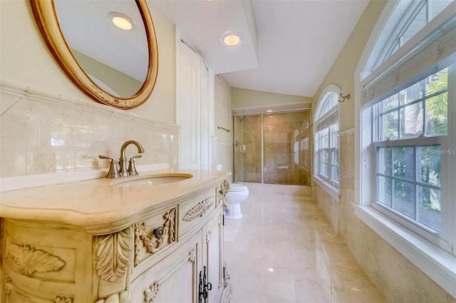 803 Harbor Dr, Belleair Beach, FL 33786 - full bathroom featuring plenty of natural light, toilet, vanity, and vaulted ceiling