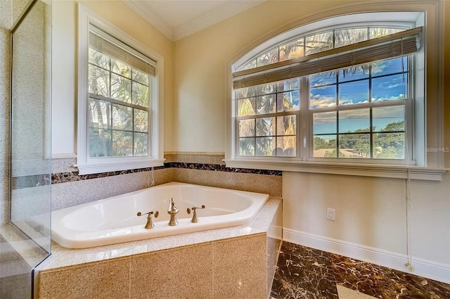 803 Harbor Dr, Belleair Beach, FL 33786 - full bath with a bath, marble finish floors, and crown molding