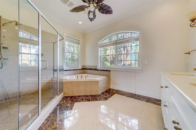 803 Harbor Dr, Belleair Beach, FL 33786 - bathroom with inlaid floor details, crown molding, a bath, a stall shower, and ceiling fan