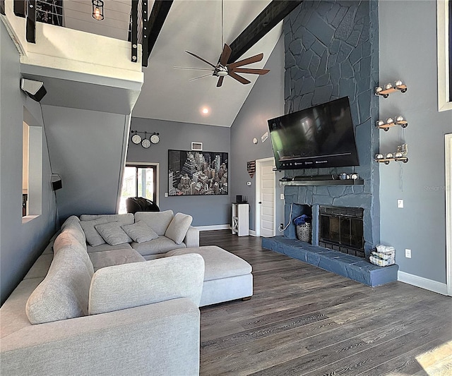 1608 20th Ave W, Palmetto, FL 34221 - living room featuring ceiling fan, high vaulted ceiling, a stone fireplace, wood finished floors, and beamed ceiling