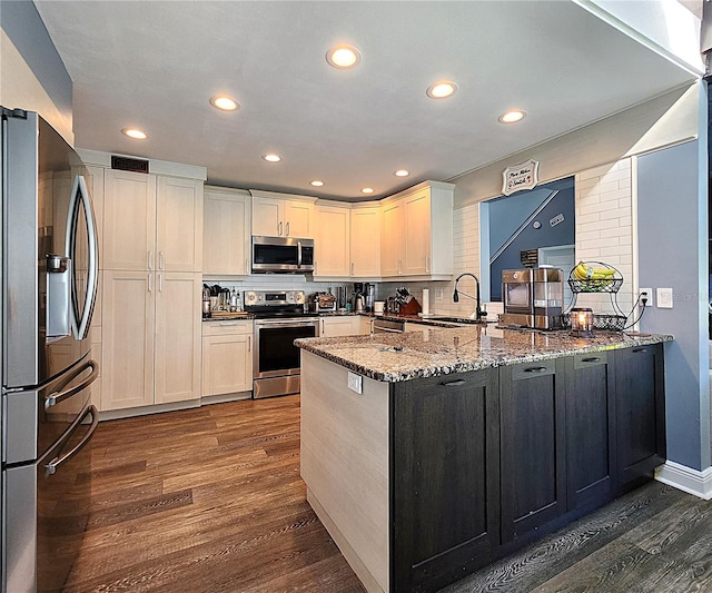 1608 20th Ave W, Palmetto, FL 34221 - kitchen featuring appliances with stainless steel finishes, dark wood-style flooring, a sink, a peninsula, and recessed lighting