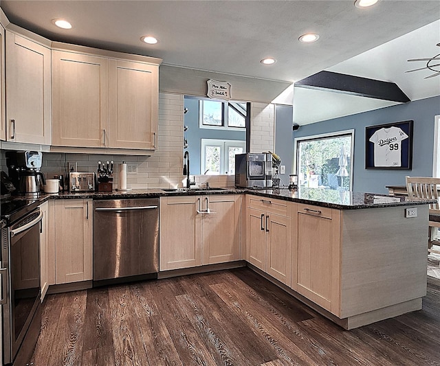 1608 20th Ave W, Palmetto, FL 34221 - kitchen featuring appliances with stainless steel finishes, a sink, recessed lighting, dark wood-style flooring, and a peninsula