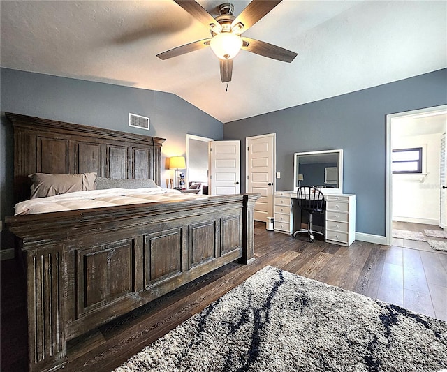 1608 20th Ave W, Palmetto, FL 34221 - bedroom featuring vaulted ceiling, dark wood-style floors, baseboards, a ceiling fan, and an office area