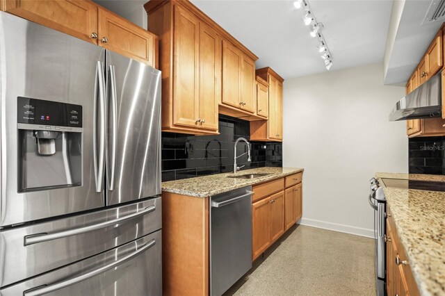 10355 Paradise Blvd Unit 1003, Treasure Island, FL 33706 - kitchen featuring appliances with stainless steel finishes, a sink, baseboards, tasteful backsplash, and under cabinet range hood