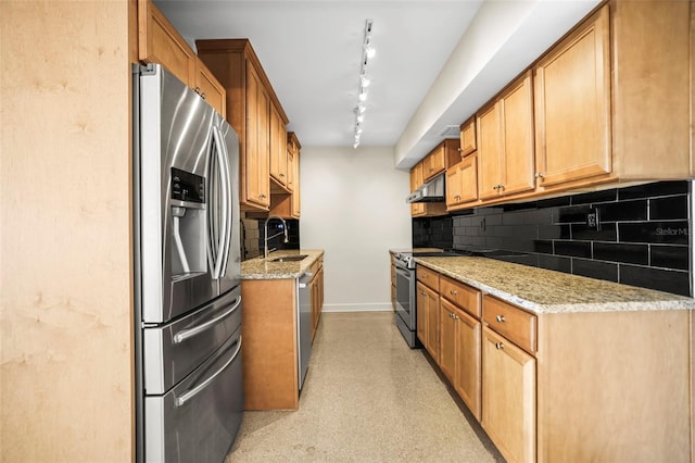 10355 Paradise Blvd Unit 1003, Treasure Island, FL 33706 - kitchen with stainless steel appliances, a sink, under cabinet range hood, decorative backsplash, and baseboards