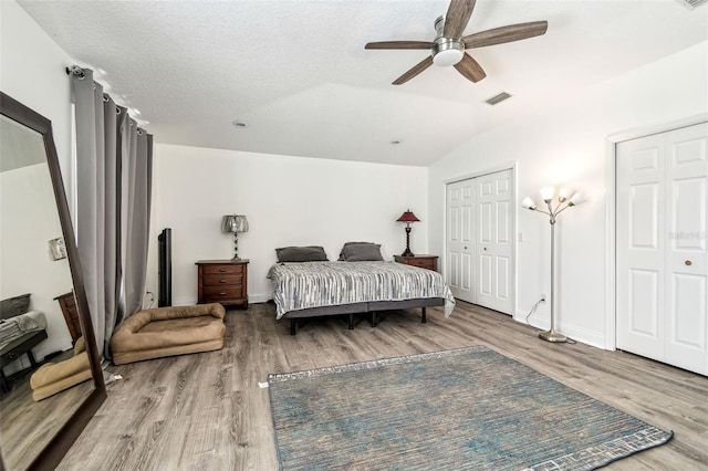 5005 W Evelyn Dr, Tampa, FL 33609 - bedroom with wood finished floors, lofted ceiling, a ceiling fan, baseboards, and multiple closets