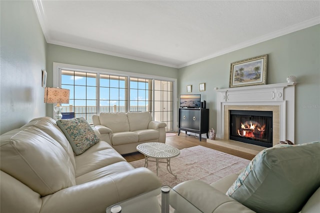1586 Gulf Blvd Unit 2502, Clearwater, FL 33767 - living room featuring crown molding, wood finished floors, and a tile fireplace