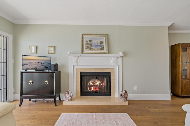 1586 Gulf Blvd Unit 2502, Clearwater, FL 33767 - living room featuring crown molding, wood finished floors, a high end fireplace, and baseboards