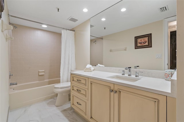 1586 Gulf Blvd Unit 2502, Clearwater, FL 33767 - full bathroom with toilet, shower / bathtub combination with curtain, vanity, recessed lighting, and marble finish floors