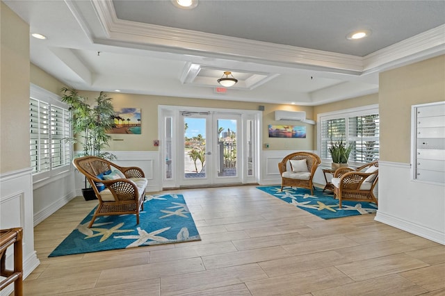 1586 Gulf Blvd Unit 2502, Clearwater, FL 33767 - living area featuring a decorative wall, a wainscoted wall, a wall mounted air conditioner, french doors, and recessed lighting
