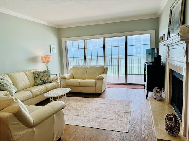1586 Gulf Blvd Unit 2502, Clearwater, FL 33767 - living room with wood finished floors, healthy amount of natural light, a fireplace, and ornamental molding