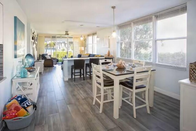 5701 Bahia Del Mar Cir Unit 108, Saint Petersburg, FL 33715 - dining area with dark wood-type flooring, baseboards, and ceiling fan