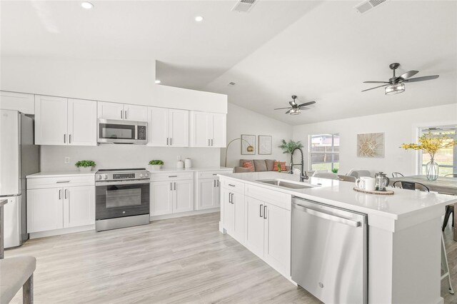 10538 Juliano Dr, Riverview, FL 33569 - kitchen with appliances with stainless steel finishes, a sink, vaulted ceiling, light countertops, and healthy amount of natural light