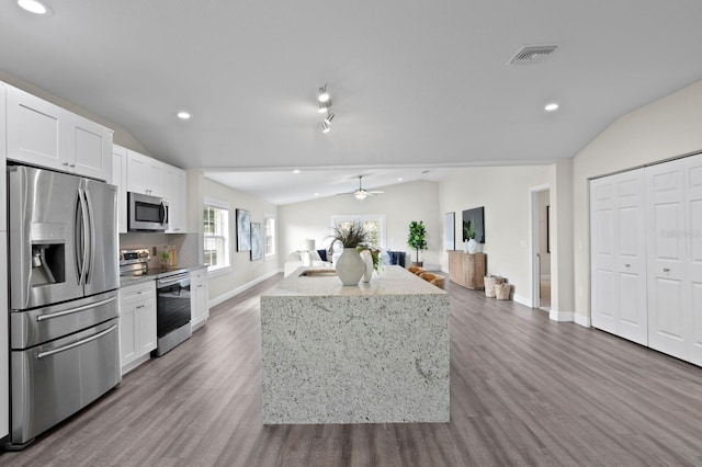 4121 W San Nicholas St, Tampa, FL 33629 - kitchen with appliances with stainless steel finishes, lofted ceiling, open floor plan, baseboards, and wood finished floors