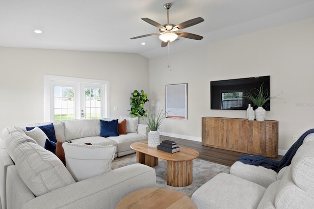 4121 W San Nicholas St, Tampa, FL 33629 - living room with wood finished floors, a ceiling fan, vaulted ceiling, and recessed lighting