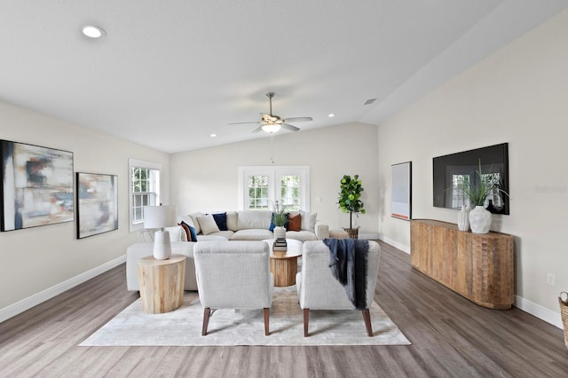 4121 W San Nicholas St, Tampa, FL 33629 - living area with wood finished floors, lofted ceiling, ceiling fan, and recessed lighting