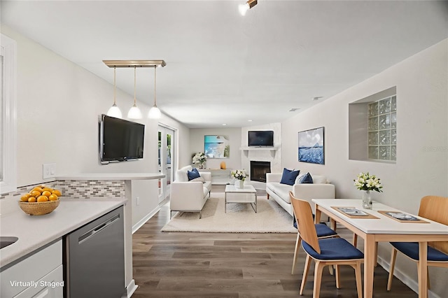 5122 Chet Dr, New Port Richey, FL 34652 - living room featuring dark wood-style flooring and a high end fireplace