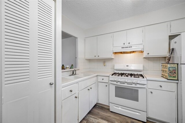 2928 Feather Dr, Clearwater, FL 33759 - kitchen featuring gas range gas stove, under cabinet range hood, a sink, dark wood-style floors, and light countertops