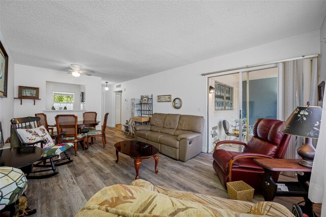 2928 Feather Dr, Clearwater, FL 33759 - living room with wood finished floors, a textured ceiling, and ceiling fan