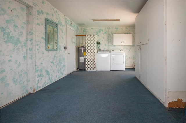 1009 Andover Cir, Sun City Center, FL 33573 - washroom featuring wallpapered walls, cabinet space, water heater, washer and dryer, and dark carpet