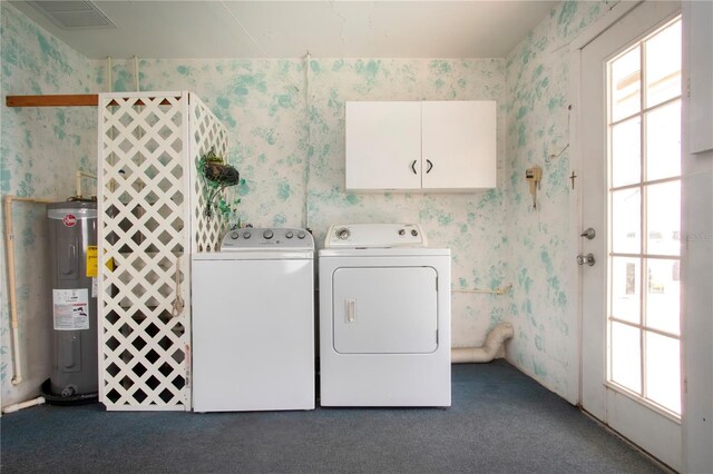 1009 Andover Cir, Sun City Center, FL 33573 - washroom featuring wallpapered walls, cabinet space, electric water heater, washer and dryer, and carpet floors