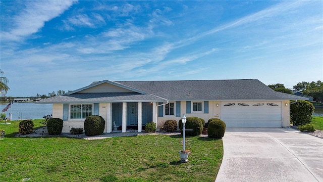 1009 Andover Cir, Sun City Center, FL 33573 - ranch-style house featuring concrete driveway, a garage, a front lawn, a shingled roof, and a water view