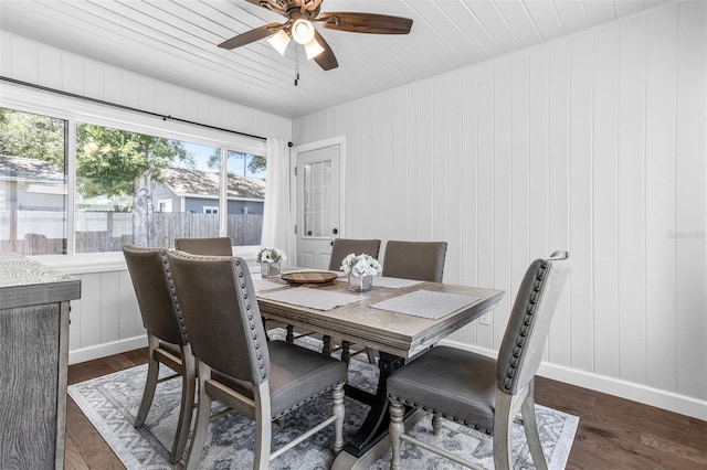 4531 7th Ave N, Saint Petersburg, FL 33713 - dining room with dark wood finished floors, baseboards, ceiling fan, and wooden ceiling