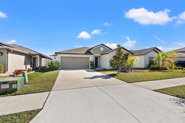 16632 Sunburst Lake St, Wimauma, FL 33598 - ranch-style house featuring a garage, driveway, a front yard, and stucco siding