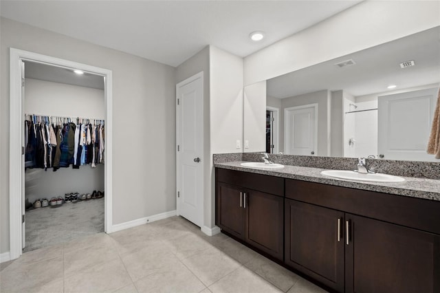 16632 Sunburst Lake St, Wimauma, FL 33598 - full bathroom with double vanity, baseboards, a walk in closet, and a shower