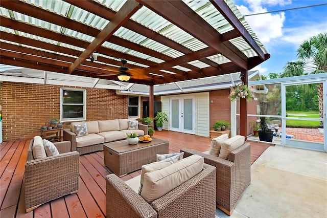 509 Falmouth St, Temple Terrace, FL 33617 - view of patio / terrace featuring a pergola, an outdoor living space, a deck, and french doors