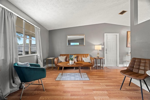 4150 Pecos Dr, New Port Richey, FL 34653 - living area featuring lofted ceiling, wood finished floors, a textured ceiling, and baseboards