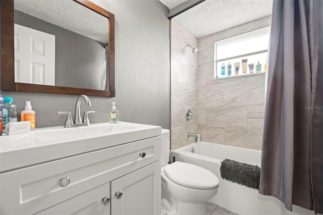 4150 Pecos Dr, New Port Richey, FL 34653 - full bathroom featuring a textured ceiling, shower / bathtub combination with curtain, a textured wall, toilet, and vanity