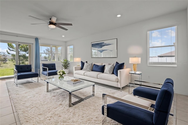 12697 Achasta Blvd, Hudson, FL 34669 - living area with a ceiling fan, light tile patterned flooring, and recessed lighting